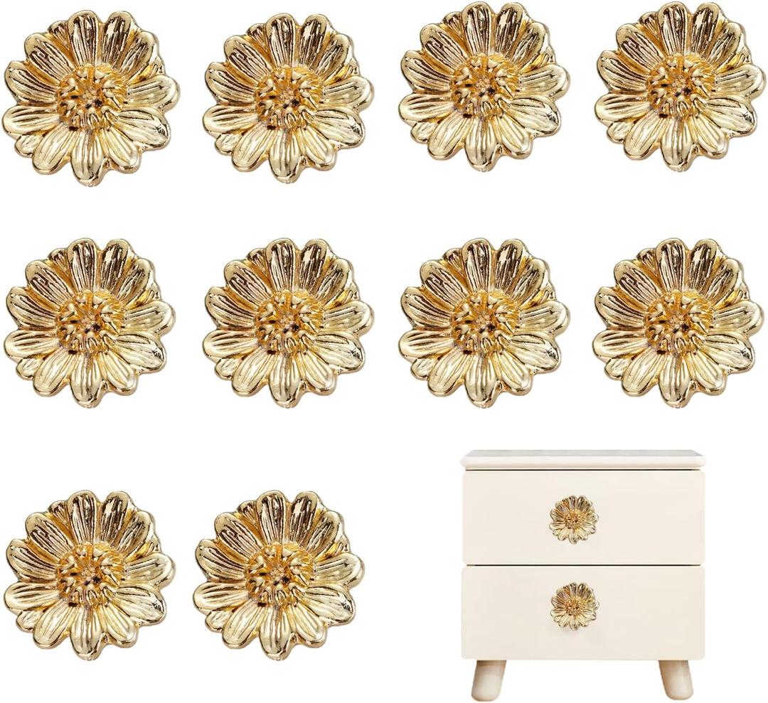 10 Pcs Gold Cabinet Knobs,Zinc Alloy Flower Shape Drawer Knobs,Cabinet Hardware,for Drawer Bathroom Closet Wardrobe Dresser Cabinet
