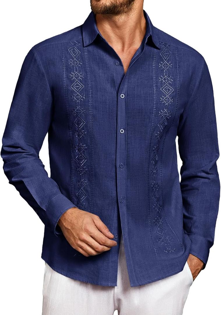 Makkrom Men's Casual Cotton Linen Button Down Shirts Cuban Guayabera Shirt Long Sleeve Summer Beach Tops (Medium, Navy)