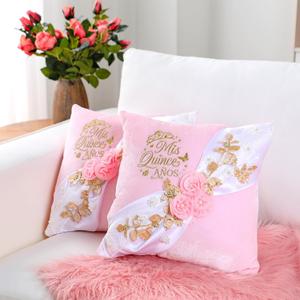 2 Pcs Cojines para 15 Aos De Quinceaera Pink Quinceanera Embroidered Pillow Cover Set Cojines para 15 Aos De Quinceaera Decorations Mis Gifts