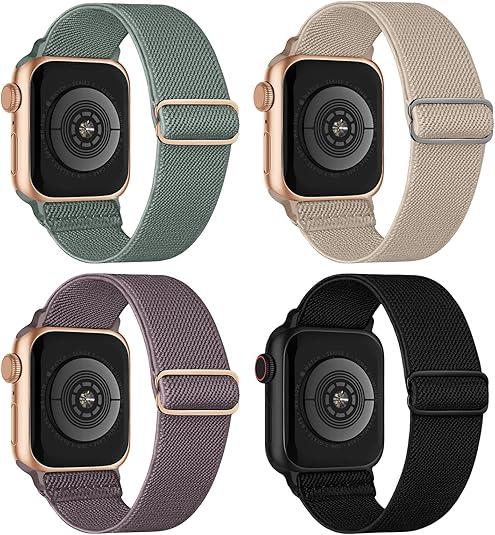 4 Pack Stretchy Solo Loop Compatible with Apple Watch Bands 38mm 40mm 41mm 42mm 44mm 45mm 46mm 49mm Women Men, Sport Nylon Elastic Straps Wristbands for iWatch Series 10 9 8 7 6 5 4 3 11 Ultra/SE 3 2