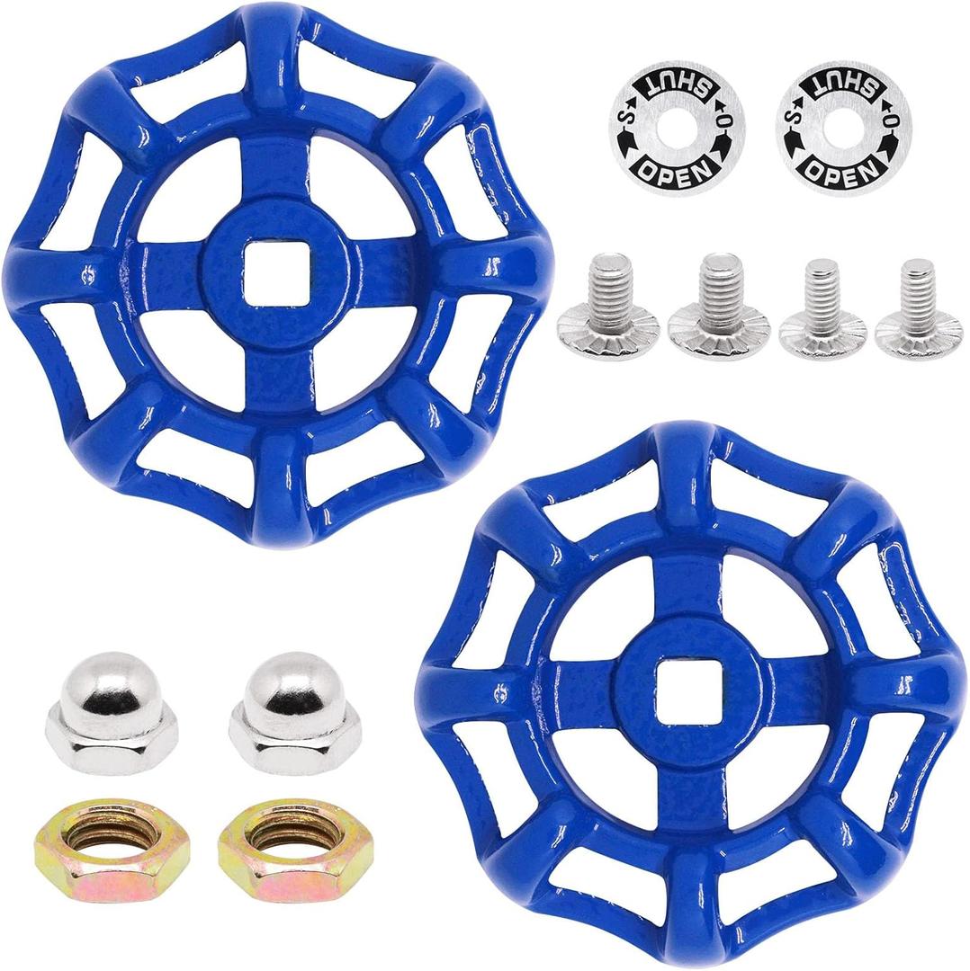 2 Pack Outdoor Faucet Handle Replacement, 7mm x 7mm Square Stem Hole Water Spigot Handle Replacement, Cast Iron Round Wheel Outside Faucet Handles with Screws Spacer (Blue)