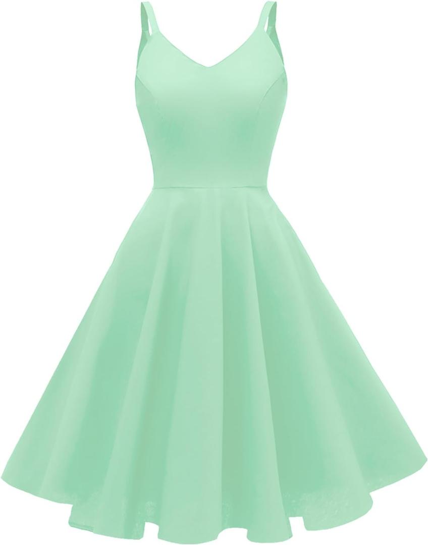 GOOBGS Women's 1950s Retro Vintage Spaghetti Strap Cocktail Swing Dresses with Pockets, Green, 3XL