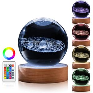 Large Crystal Ball Lamp, 3D Solar System Crystal Night Light 16 Colors 4 Modes with Remote, 3.15 in Light Room Decor, Birthday Gift/Holiday Gifts for Men & Women