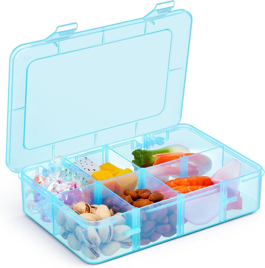 Thyle 1 Pcs Snack Box Container 8 Compartments Snack Containers Reusable Transparent Lunch Box Organizer Small Plastic Food Storage with Lids for Meal Prep School Work Travel (Blue)