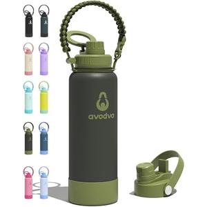 Avodvo 40 oz Insulated Water Bottle with 2 Lids (2-in-1 Straw & Spout Lid, Magnetic Lid), Slim Water Bottle with Strap, Stainless Steel Water Bottle for Hiking, Gym, Travel, BPA-Free, Army Green