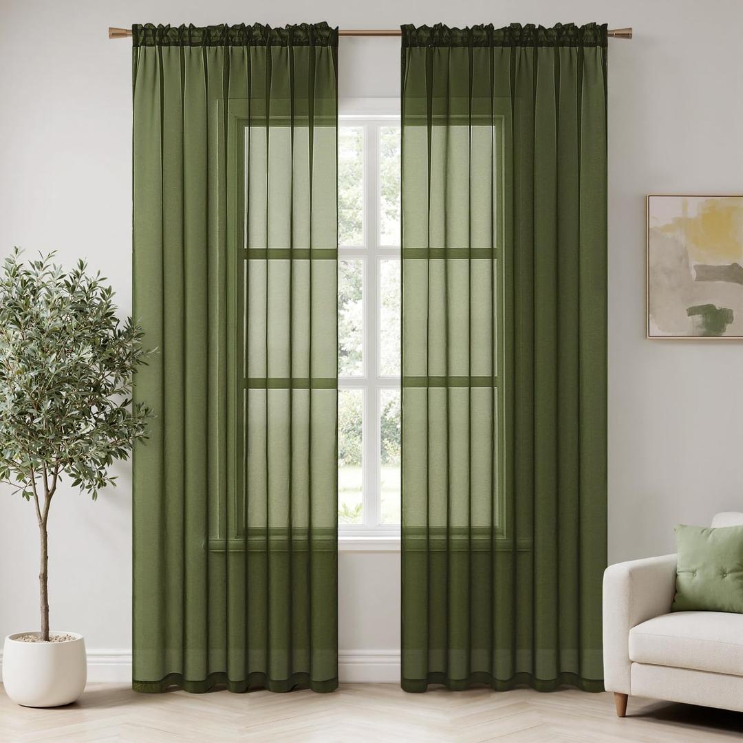 MIULEE 2 Panels Solid Color Sheer Window Curtains Elegant Window Voile Panels/Drapes/Treatment for Bedroom Living Room (54X84 Inches Olive Green)