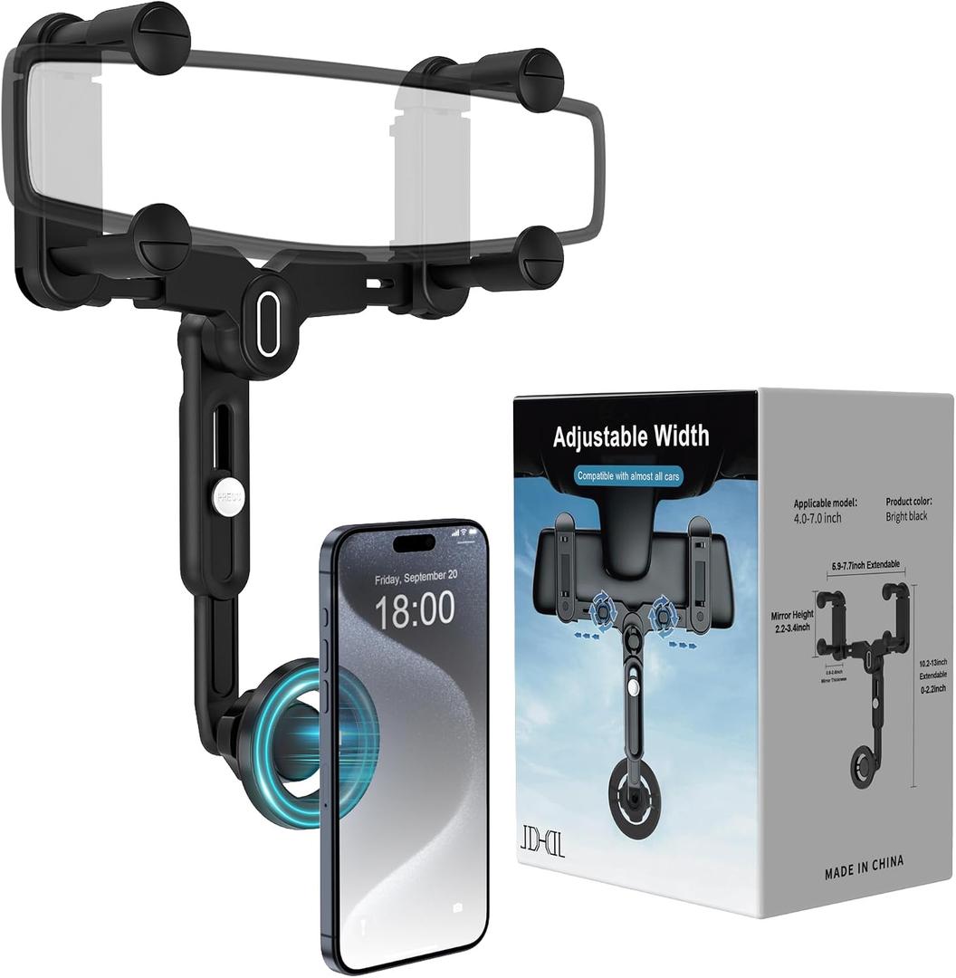 for Magsafe Car Mount, Rear View Mirror Phone Holder, Rotatable and Retractable Phone Holder for Car Compatible with iPhone 17/16/15/14/13/12 Series and Phones with Magsafe Case or Metal Ring
