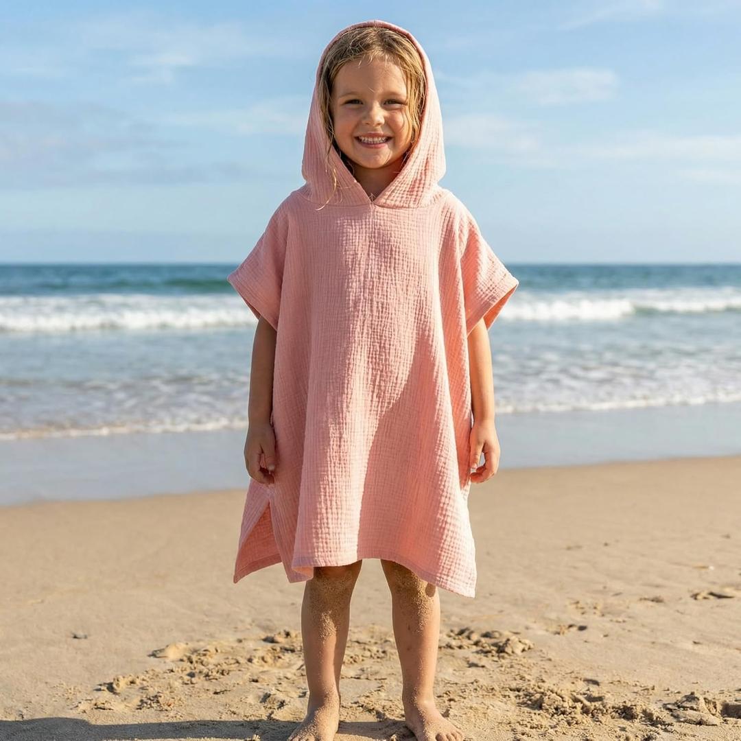 Frienda Muslin Hooded Beach Towel for 3-6 Years Kids Soft Muslin Bath Poncho for Baby Absorbent Fast Drying Blankets for Boys Girls Newborns Toddler Beach Pool Bath Essentials(Pink)