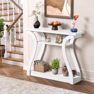 Wooden Console Table with Curved Legs and Shelf, 3-Tier Modern Accent Narrow Sofa Table for Entrance Area, Living Room, Hallway, 47 in Wide Wood Console Table for Entryway (White), 47.3 inches x 11.4 inches x 32 inches