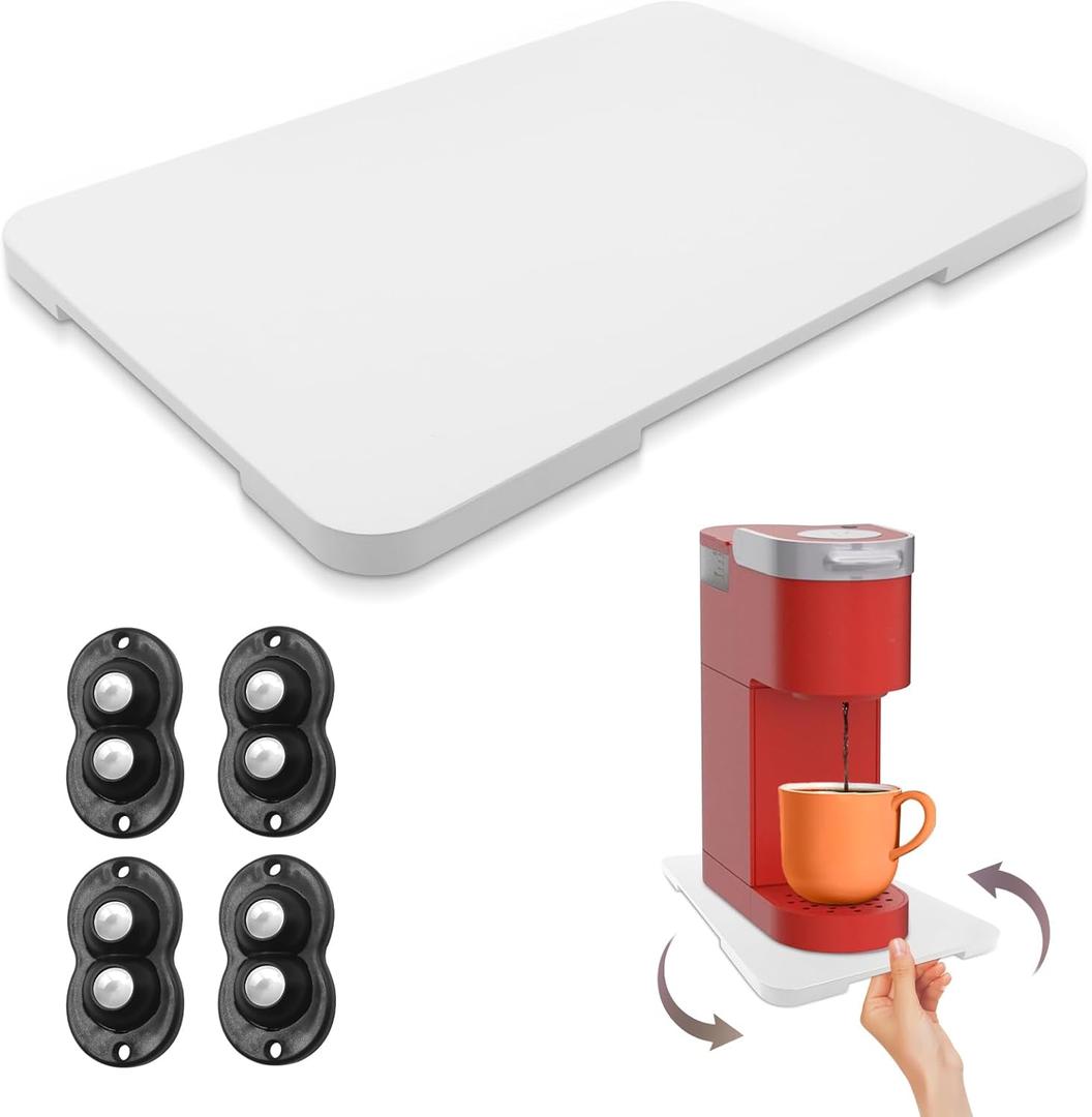 360 Rolling Tray Bamboo Appliance Slider, Appliance Sliders for Kitchen Appliances Sliding Tray for Coffee Maker Appliances Mat Easily from Under The Cabinet White(13.9"9.4")