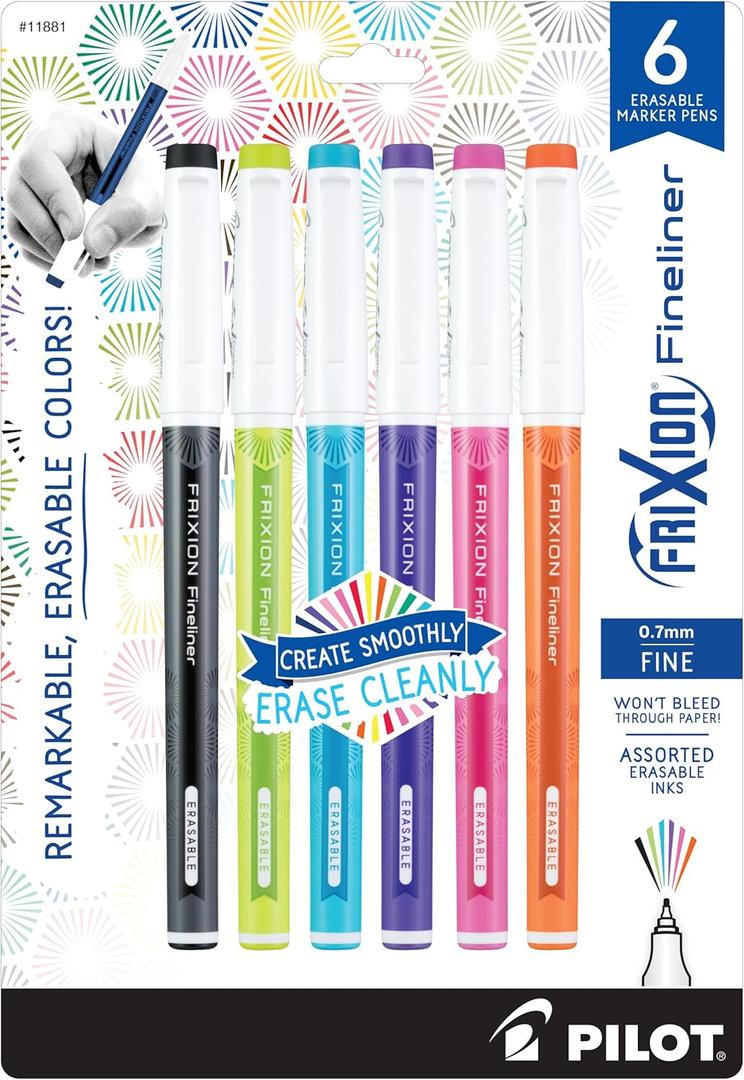 Pilot, FriXion Fineliner Erasable Marker Pens, Fine Point 0.7 mm, Pack of 6, Assorted Colors (Vivid)