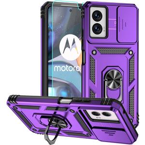 for Moto G 5G 2024 Case, Moto G Play 5G 2024 Case, Soft Silicone Rubber Bumper Hard Plastic Phone Case with Sliding Camera Lens Cover+360 Rotatable Kickstand Ring+HD Screen Protector Purple