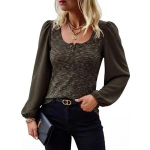 HEYTALALA Womens Puff Long Sleeve Tunic Tops Button Down Square Neck Blouse Loose Fit Basic T Shirt Elegant Tee Shirts (Small, Coffee)