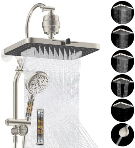 Hibbent 5-spray Dual Filtered Rainfall Shower Head Combo, High Pressure 13'' Showerhead with 10 Spray Mode Handheld, Easy Reach 4-way Diverter Arm with Pause Mode, 71'' Hose & Holder, Brushed Nickel
