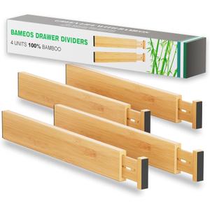 BAMEOS Drawer Dividers kitchen Organization Bamboo Utensil Organizers for Kitchen Bedroom Bathroom Dresser Office 4-pack (2''H, 16.65''-22''L, Natural)