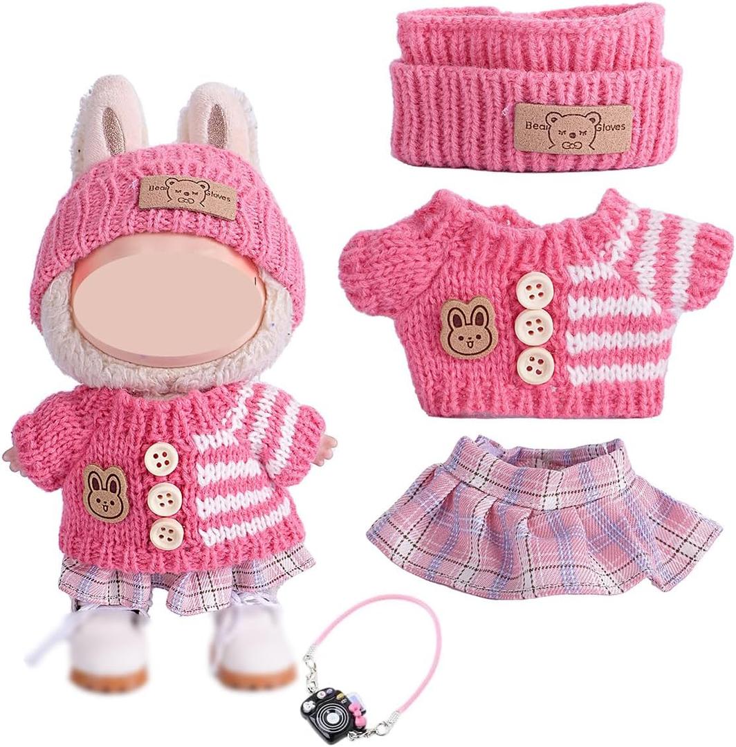 17cm Doll Clothes Set 3pcs, Hat & Overalls Set for 17cm Doll Accessories Suit, Sweater Skirt Cute Clothes Outfit for Dress up Unique Style (Pink3pcs+Shoes+Camera)