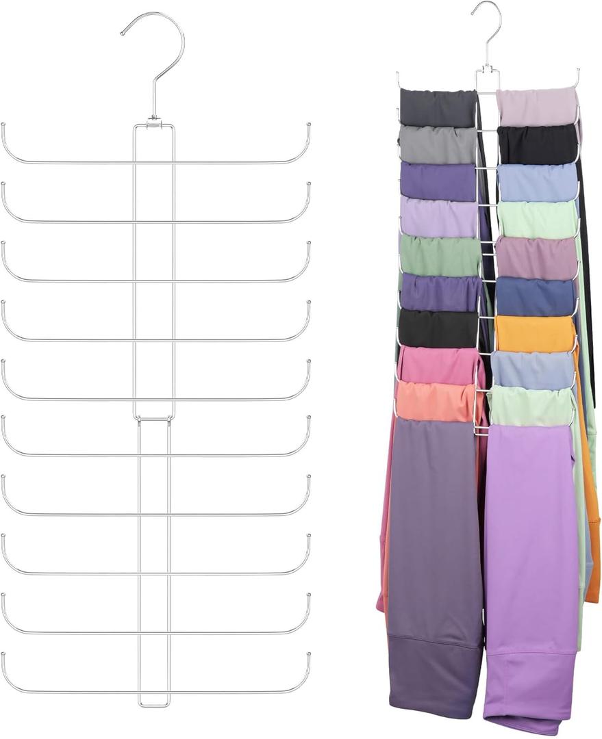 ZEDODIER Legging Organizer for Closet Hanging, 2 Pack Rotatable Sturdy Hanger for Girls' and Adult XS/S Leggings, Holds Up to 20 Leggings, Space-Saving Closet Organizers and Storage, Silver