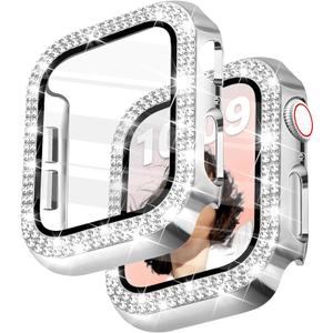 Bling Watch Case with HD Screen Protector Women Compatible with Apple Watch 40mm Diamond Protective PC Face Cover Frame Protector for iWatch Series 6/5/4/SE/SE2/SE3 Silver