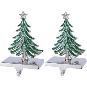 Christmas Tree Stocking Holders Set of 2- Tree Stocking Hanger for Mantel - Silver Christmas Stocking Holder for Fireplace Mantle- Heavy Duty Stocking Holder for Mantle Fireplace Decor (Tree Set)