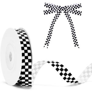 KINGLAKE Black and White Checkered Ribbon - Racing Car Theme Black Grosgrain Buffalo Plaid Ribbon for Gift Wrapping, 3/8 in x 10 Yds White Gingham Ribbons for Crafts, Wreath, and Racing Cakes Decor