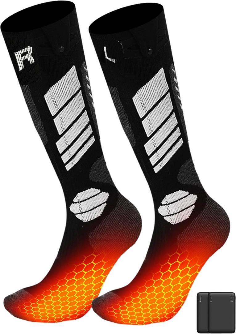 2 x Kids Heated Socks - Boys and Girls Electric Heating Wool Knee High Skiing Socks, 5000mAh Battery Pack (Small-Medium, Black)
