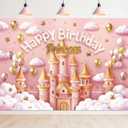 Princess Castle Backdrop 7Wx5H Photography Pink Goleden Balloons Pastel Cloudy Sky Cute Lovely Fantasy Pretty Beautiful Background Girly Party Decorations Banner Photo Booth Props Supplies