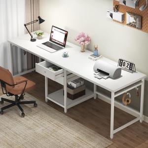 Tribesigns 79 Inch Extra Long Double Desk with 2 Drawers, Two Person Computer Desk with Storage Shelves, Writing Table Study Desk for Home Office, White