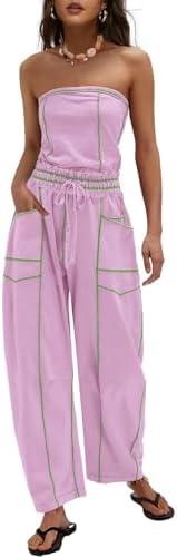 LAMISSCHE Womens Casual Strapless Jumpsuits off the Shoulder Summer Rompers Sleeveless One Piece Outfits with Pockets, Small