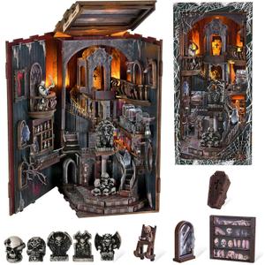 MiniCity Book Nook Kit with LED Light, DIY Miniature Dollhouse Booknook Kit, Creepy Scary 3D Wooden Puzzle Bookshelf Insert Decor for Stress Relief Craft for Book Lovers & Adult (Haunting Relics)