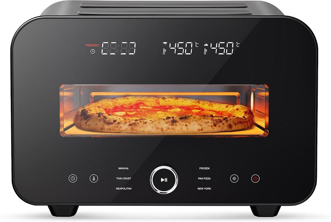 Pizza Oven Indoor, Makes 12 Inch Pizzas in 90 Seconds, 840F Countertop Electric Pizza Maker with 6 Preset Modes, Pizza Stone, Peel & Touchscreen Controls - Stainless Steel