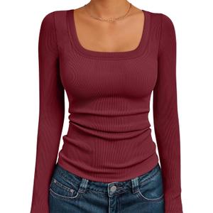 AUTOMET Womens Long Sleeve Shirts Square Neck Tops Ribbed Knit Basic Teen Girls Crop Tops Fall Outfits Fashion Clothes 2025 (L)