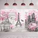 Paris Tapestry Wall Backdrop Eiffel Tower Photo Banner Background European City Landscape Pink Wall Hanging Decor for Living Room Girl Bedroom Paris Themed Party Decoration, 72.8 x 43.3 Inch