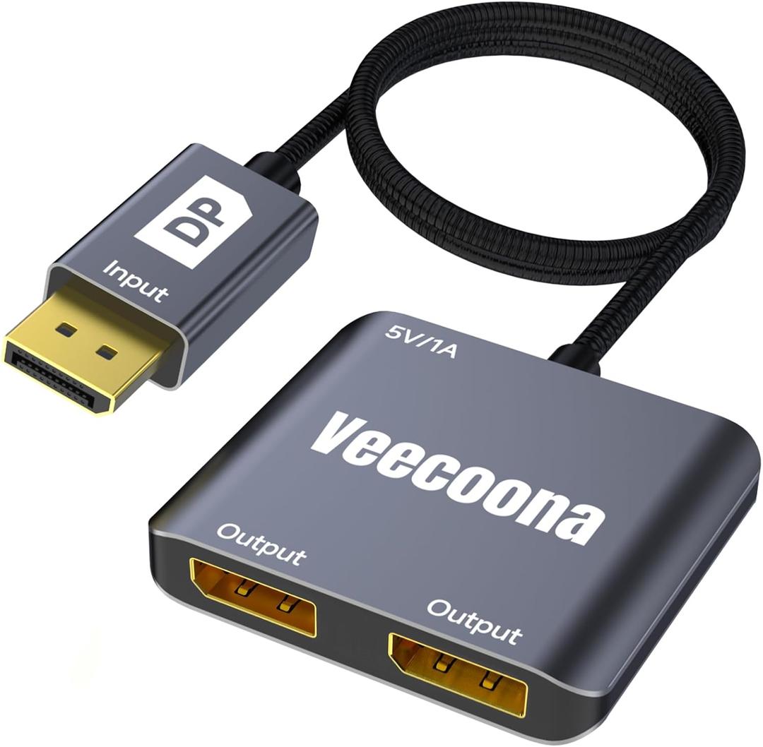 DisplayPort to Dual DisplayPort Splitter 1 in 2 Out | 4K60Hz, DP Source to DP Splitter Extended Display Port Splitter for Dual monitors, for Desktop,NVIDIA, AMD Graphics Card - macOS Does not Support MST