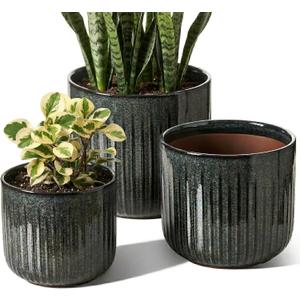 LE TAUCI Ceramic Pots for Plants, 8.3/7/6 Inch Indoor Planters with Drainage Holes & Mesh, Modern Glossy Glaze Cylinder Fluted Plant Pot for Snake Plant, Set of 3, Dark Olive, Medium