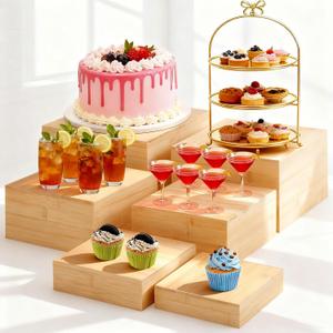6 Pcs Bamboo Buffet Risers, 10" 9" 8" 7.5" 6.7" 6", Large Food Risers for Buffet Table, Cake Cupcake Display Stand Cube Box for Wedding Party Catering Dessert Jewelry Collectibles Home Decor