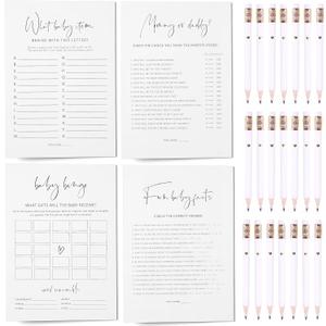 Baby Shower Games, Set of 4 Minimalist Baby Shower Games for 30 Guests, Boy or Girl, Double-Sided Cards, 30 Pencils (Minimalist)