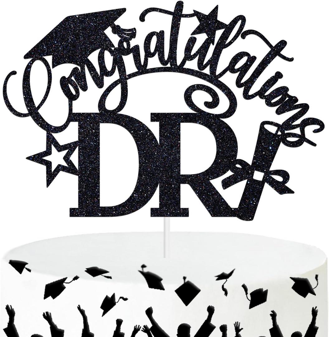 Ferburitar Congratulations DR Cake Topper, Congrats Grad/Doctoral Degree Cake Decor, Class of 2025 Graduation Party Decorations Supplies, Black Glitter