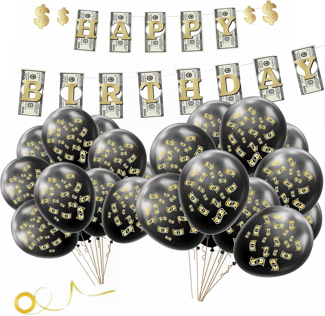 Money Themed Birthday Banner & Latex Balloons Decoration KIT Dollar Bill Party Decorations for Birthdays Baby Showers Casino Weddings Bachelorette Retirement Anniversary Graduations Party