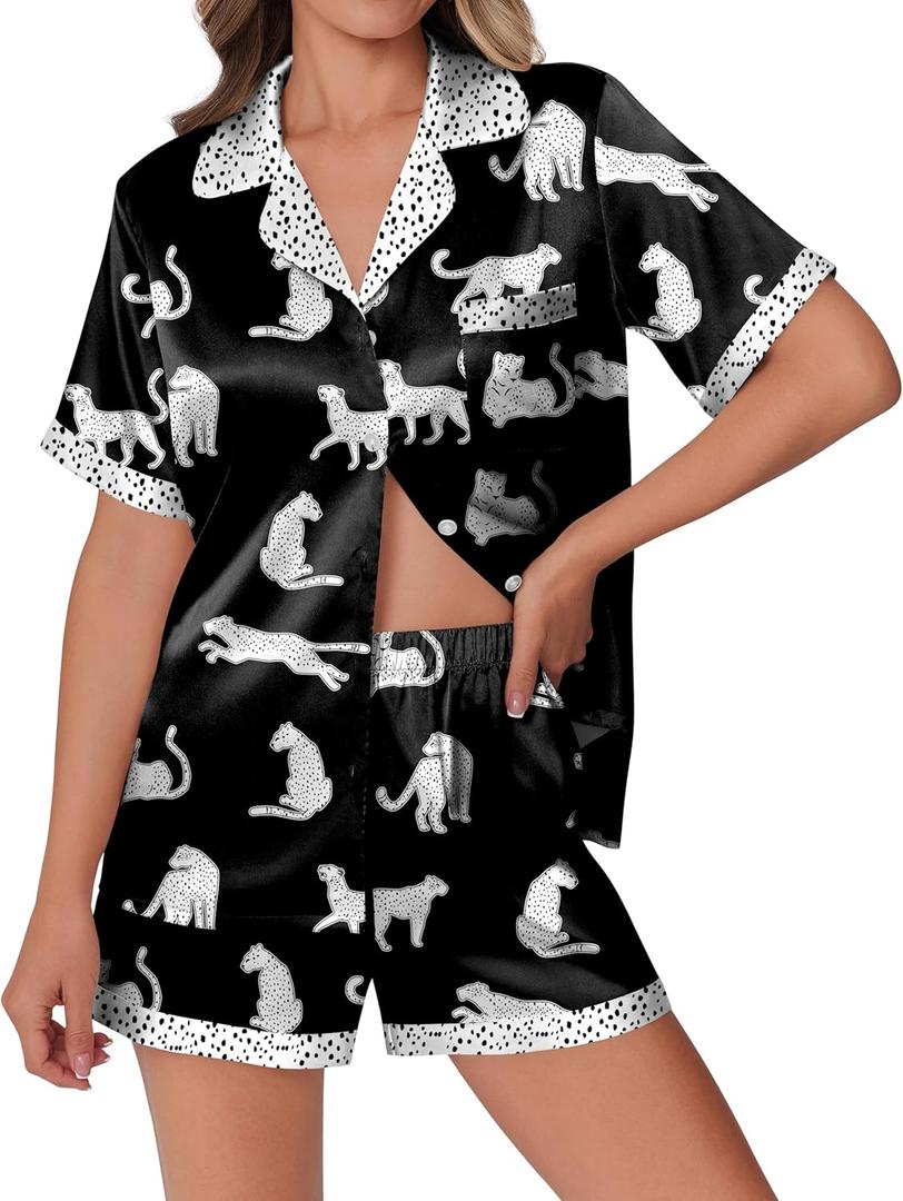 Ekouaer Womens Silk Satin Pajamas Set Animals Print Pjs Button Down Short Sleeve Lounge Set 2 Piece Sleepwear (Small, Black Leopard)