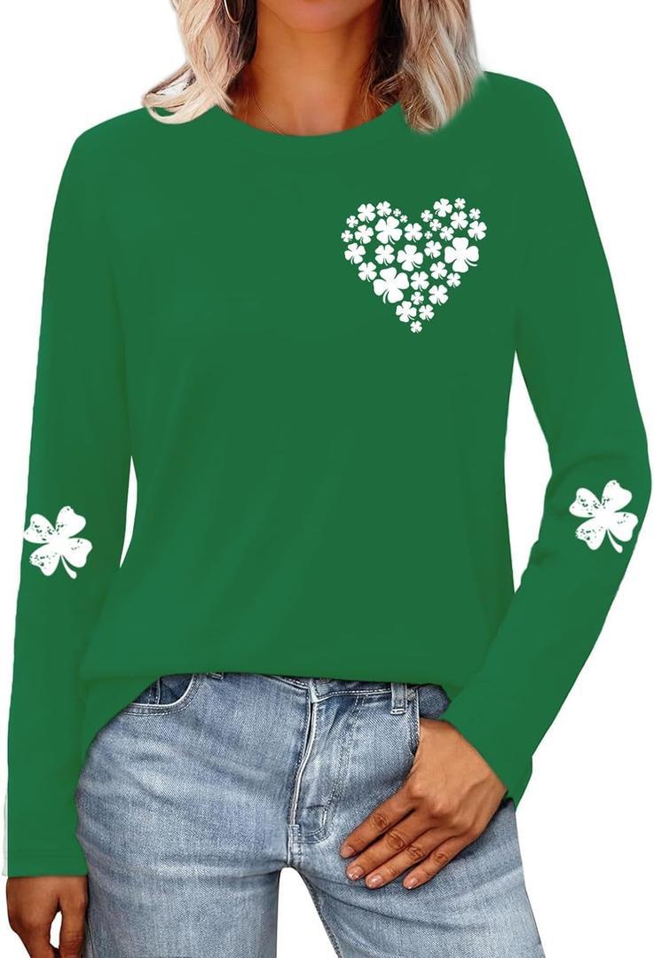 St Patricks Day Shirt for Women Lucky Shamrock T-Shirt Long Sleeve Irish Clover Heart Tee Top (Green, S)