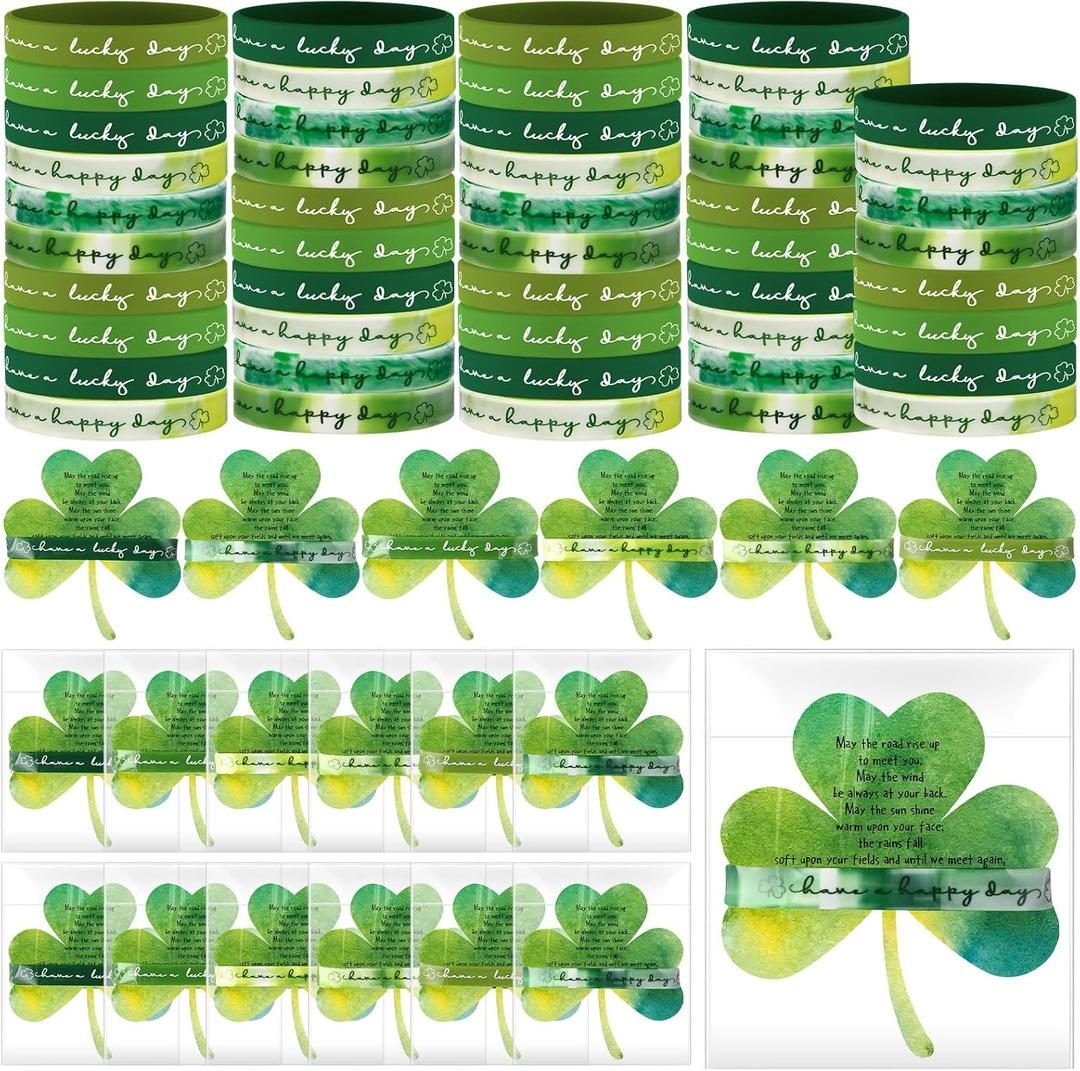 XunYee 60 Sets St. Patrick's Day Shamrock Bracelet Party Favors for Guest St. Patrick's Day Lucky Silicone Wristband Irish Blessing Cards and Bags Irish Party Gift for Women Family Friends Colleagues