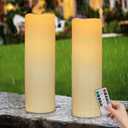 Kimjo 14" x 4" Large Outdoor Candles with Remote: Battery Operated LED Flameless Candles with Timer - Realistic Fake Waterproof Flickering Pillar Candles for Patio Porch Lanterns (Ivory 2 Pack)