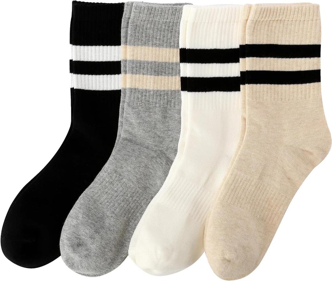 Striped Cotton Crew Socks for Women with Seamless Toe, Cute Casual Womens Socks, Athletic Running Socks for Sport, Office, Home, School, 4 Pairs, Size 6-9