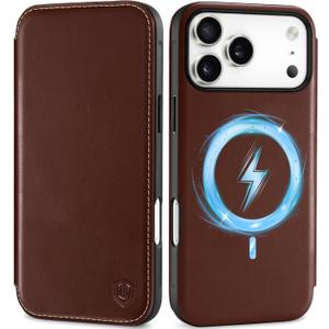 SHIELDON Genuine Leather Slim Case Wallet for iPhone 17 Pro Max 6.9-inch 2025 | Wireless Charging | Flip Magnetic | RFID Blocking Credit Card Holder | Full Protective Cover | Retro Coffee