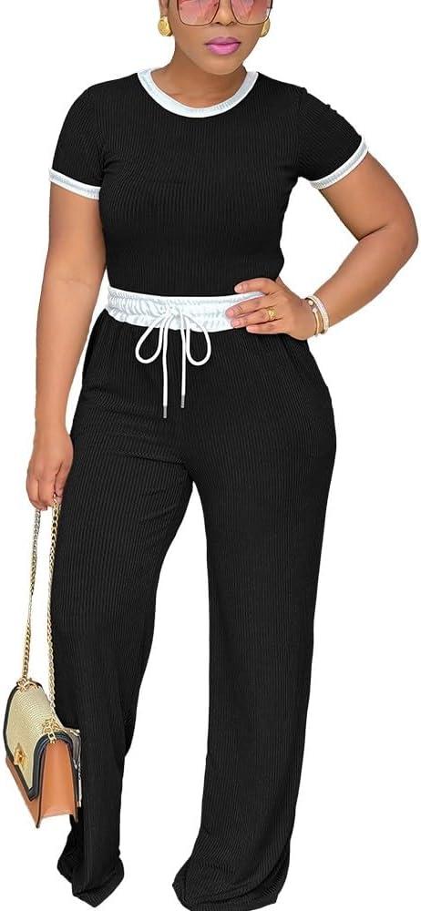 HTD Womens 2 Piece Outfits Casual Sweatsuits Set Short Sleeve Matching Sets Tracksuit (X-Large, Black)