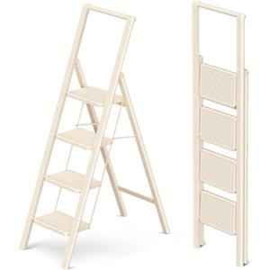 GameGem 4 Step Ladder Folding Step Stool, Foldable Ladder with Ergonomic Heightened Top Grip, Tall Step Ladder with Widened Anti-Slip Pedal for Closet, 330Lbs Load, Fold Thin and Tight, Cream White