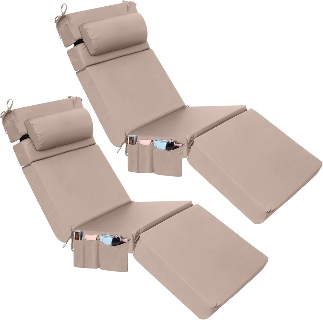 Wenqik 2 Pcs Outdoor Chaise Lounge Cushion with Pillow and Side Pocket Waterproof Lounge Chair Cushions with Pocket on Back 72 x 21 x 4 Inch Patio Pool Replacement Pad (Khaki)