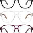 AMOMOMA 3 Pack Oversized Aviator Spring Hinge Reading Glasses for Women Men,Retro Blue Light Computer Reader Frame AM6081 (C1.black+c2.crystal+c4.purple Grading)