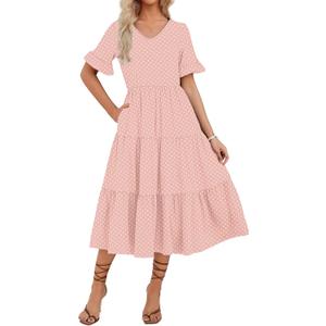 Zeagoo Women's Summer Dresses Midi Tiered Casual Dress Floral V Neck Ruffle Short Sleeve Flowy Beach Dress with Pockets (Medium, Pink Round Dot)