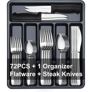 73-Piece Silverware Set with Organizer, Pleafind Stainless Steel Silverware Sets for 12, Cutlery Utensil Sets with Steak Knives, Include Forks Spoons Knives  Silverware Organizer, Dishwasher Safe